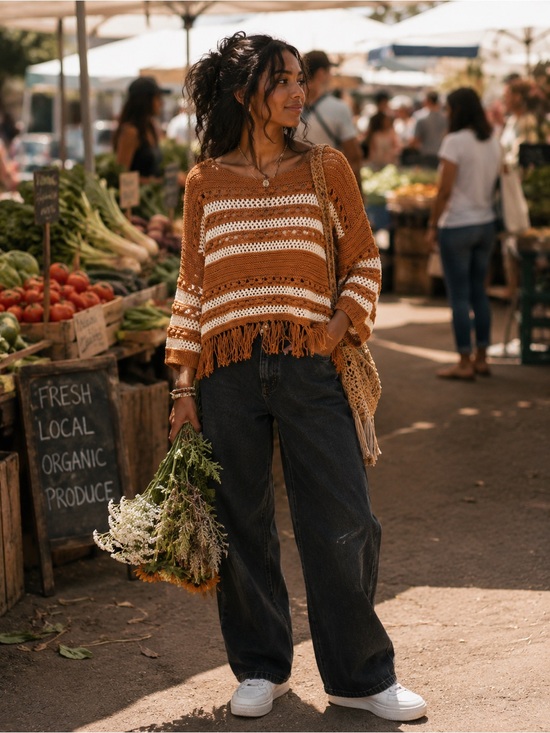 Lou & Grey Tops - Lou & Grey Rust and Cream Striped Crochet Fringe Sweater Top